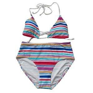 Venus Multi Stripe Rainbow Two-Piece High Waist Triangle Top Bikini, S/M